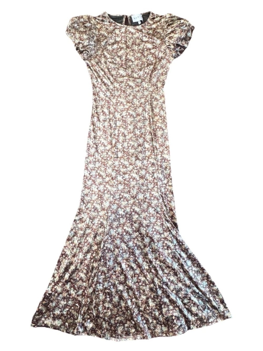 Mable Sz Small Brown Floral Velvet Puff Cap Sleeve Maxi Dress Cottagecore Cabin